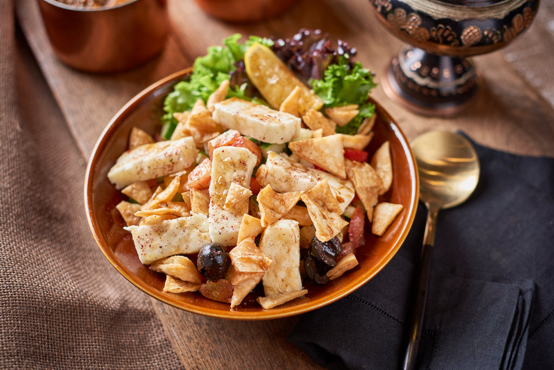 FATTOUSH SALAD WITH FRIED HALLOUMI CHEESE